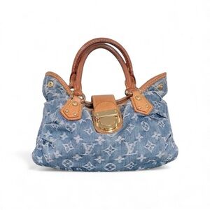 Louis Vuitton Monogram Denim Pleaty Bag Blue Vachetta Trim Handbag with receipt